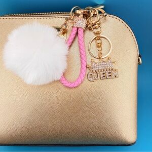 👑 QUEEN + CROWN Designer-Inspired Rhinestone Embellished Keychain/Bag Charm Gold